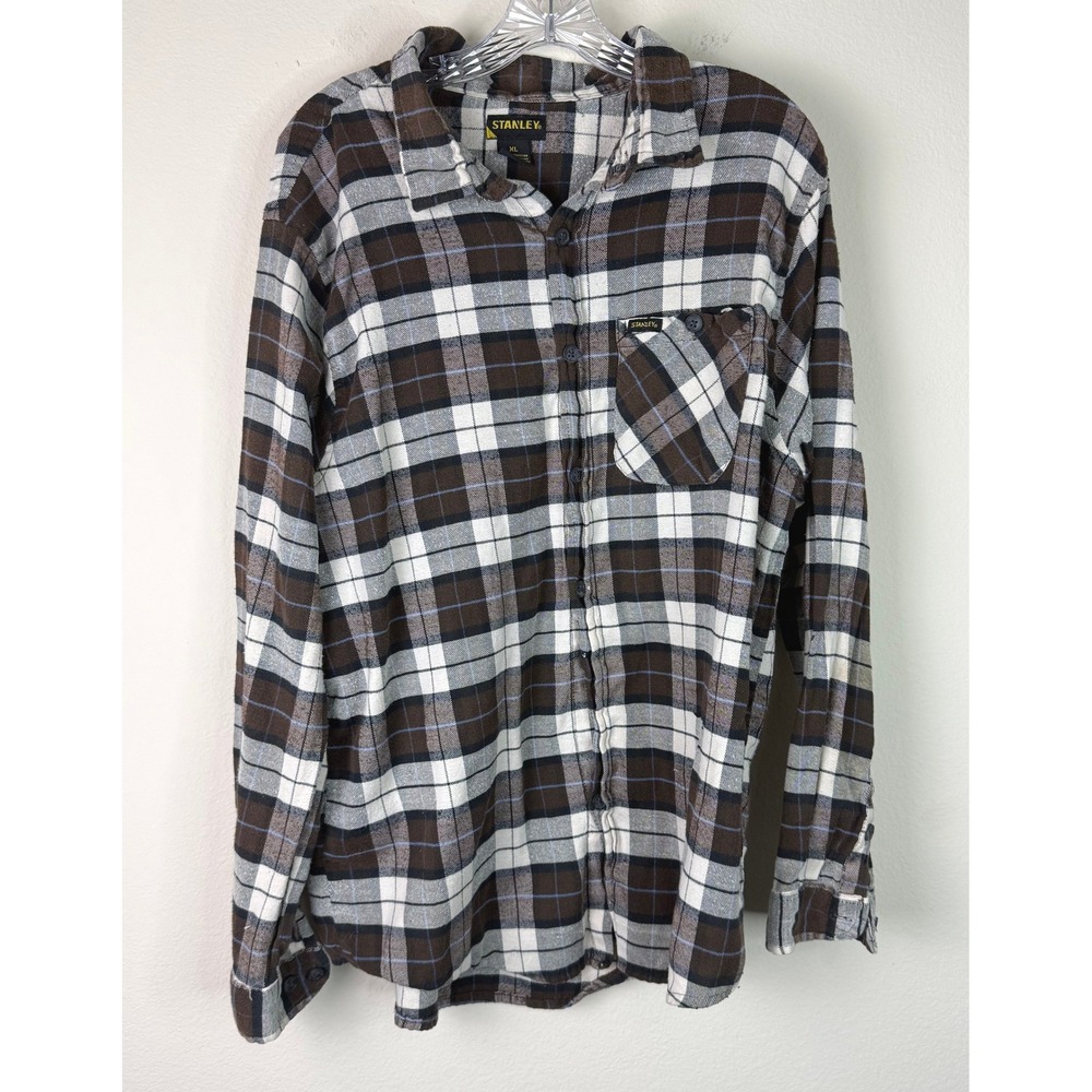 Stanley Flannel Shirt Mens XL Brown Plaid Long Sleeve Button Down Workwear FLAW